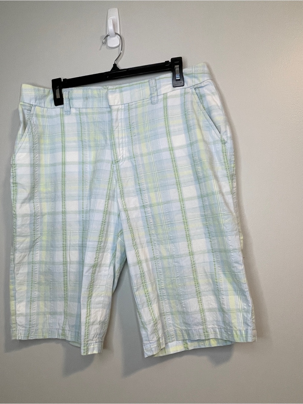 Caribbean Joe Women’s Plaid Bermudas - White, Light Blue & Pale Green